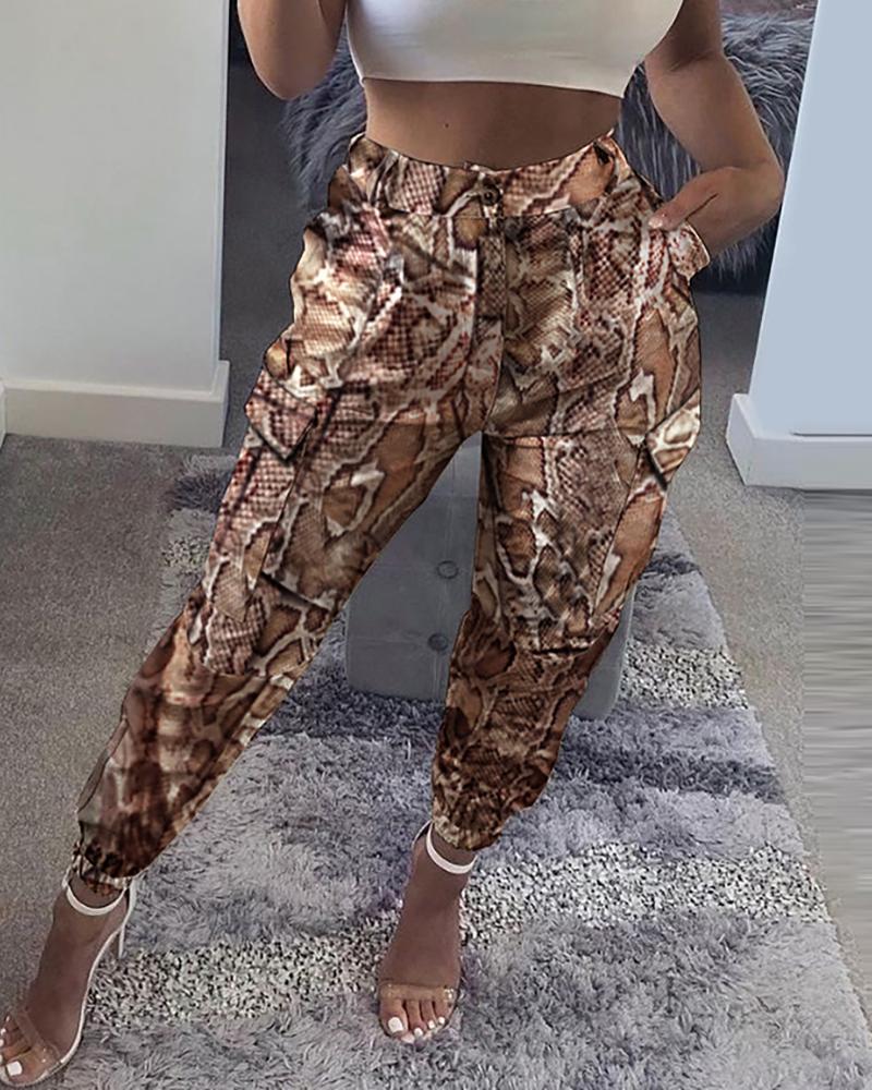 Pocket Design Snakeskin Print Pants