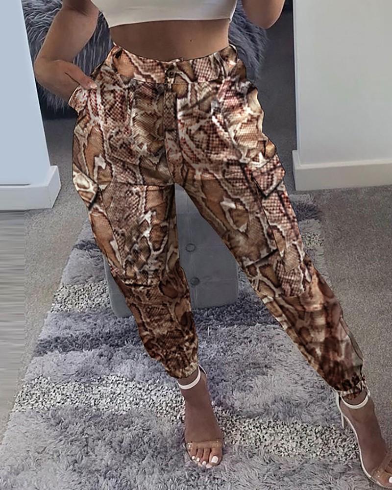 Pocket Design Snakeskin Print Pants