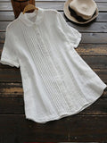 Cotton And Linen Solid Color Pleated Short Sleeve Shirt Blouse