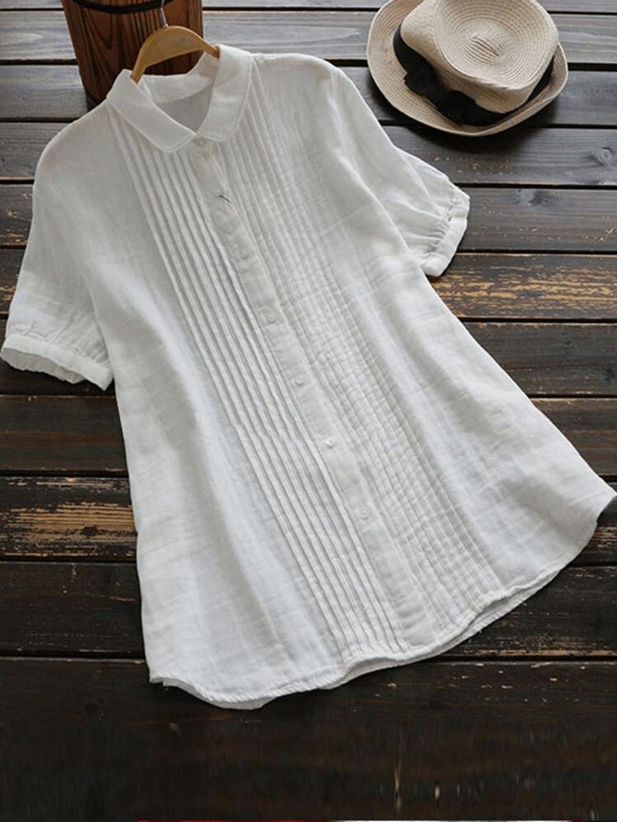 Cotton And Linen Solid Color Pleated Short Sleeve Shirt Blouse