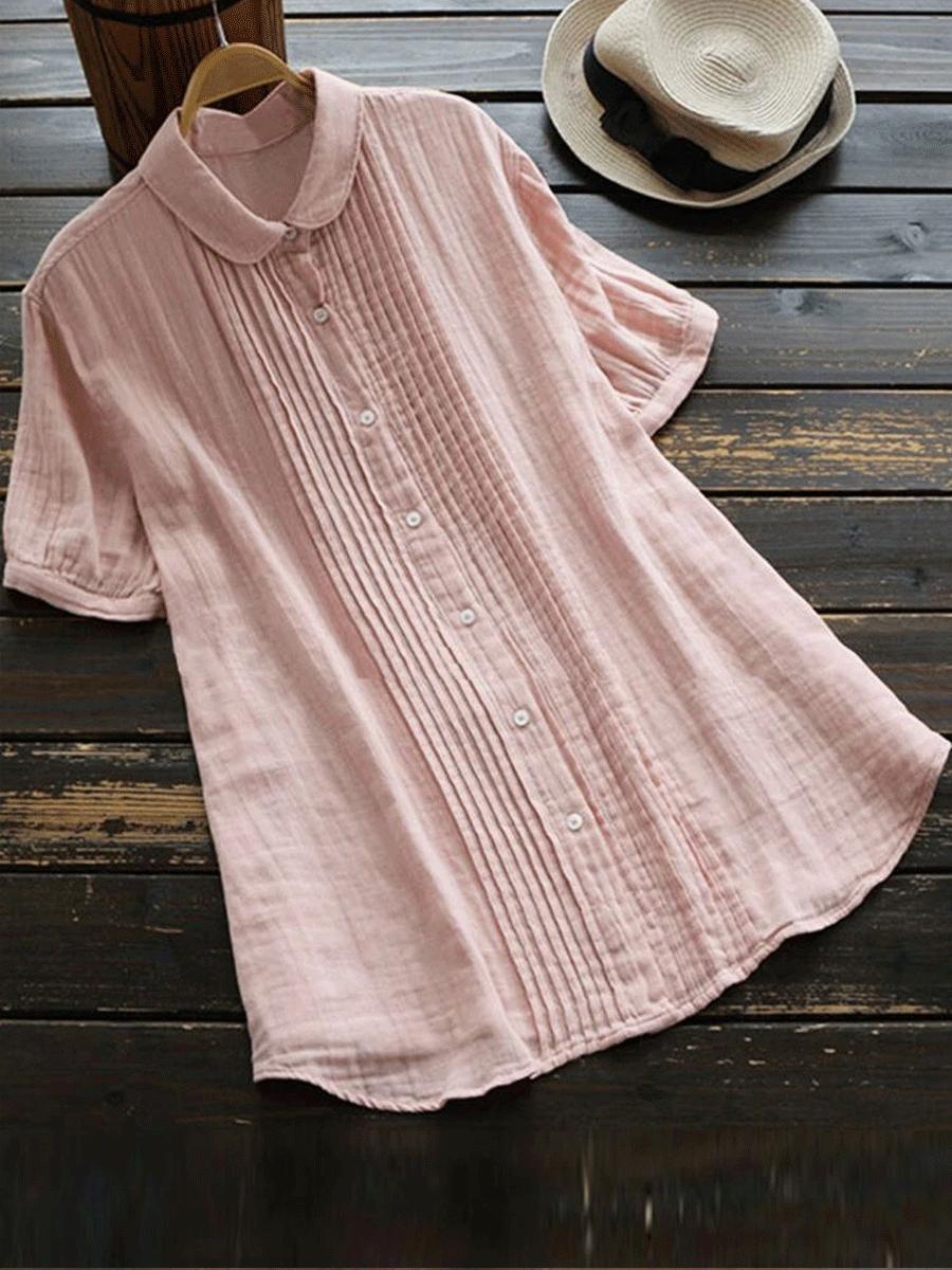 Cotton And Linen Solid Color Pleated Short Sleeve Shirt Blouse