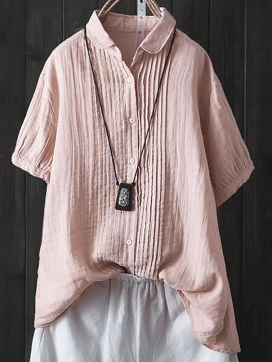 Cotton And Linen Solid Color Pleated Short Sleeve Shirt Blouse