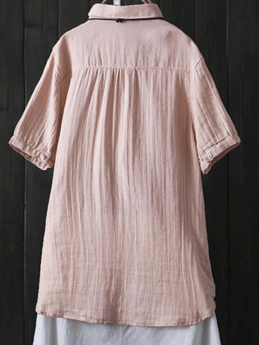 Cotton And Linen Solid Color Pleated Short Sleeve Shirt Blouse