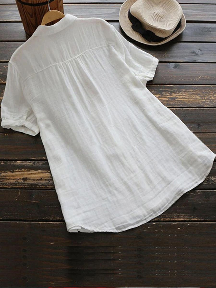 Cotton And Linen Solid Color Pleated Short Sleeve Shirt Blouse