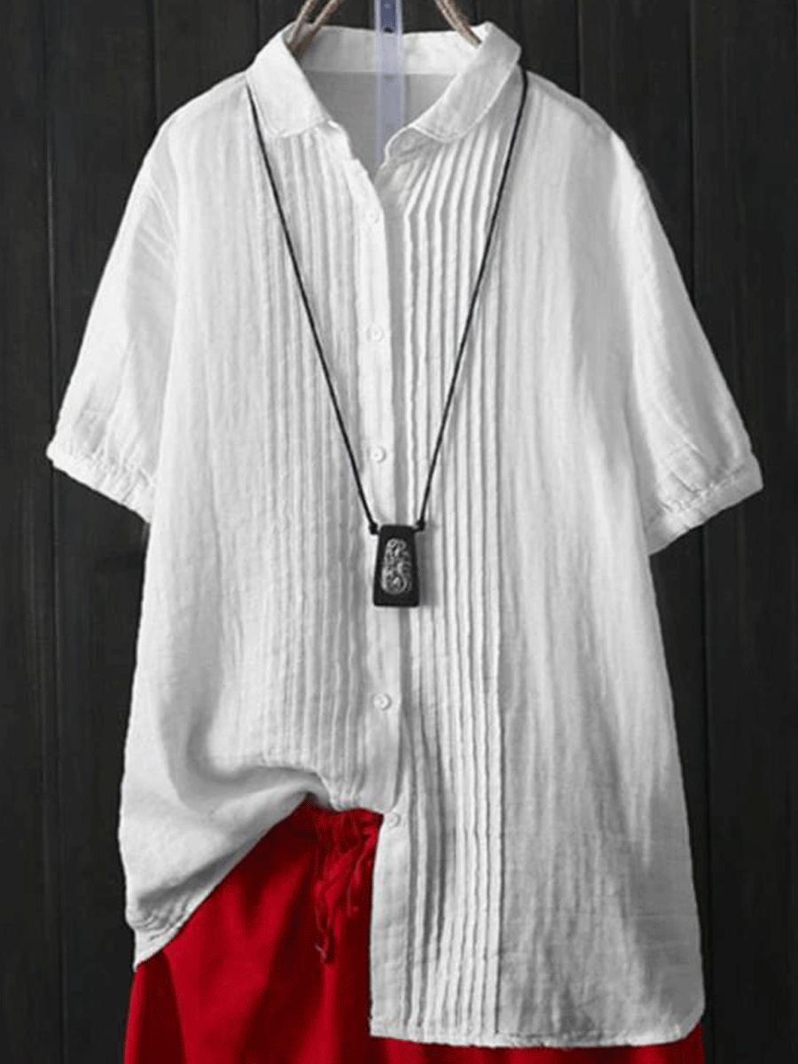 Cotton And Linen Solid Color Pleated Short Sleeve Shirt Blouse