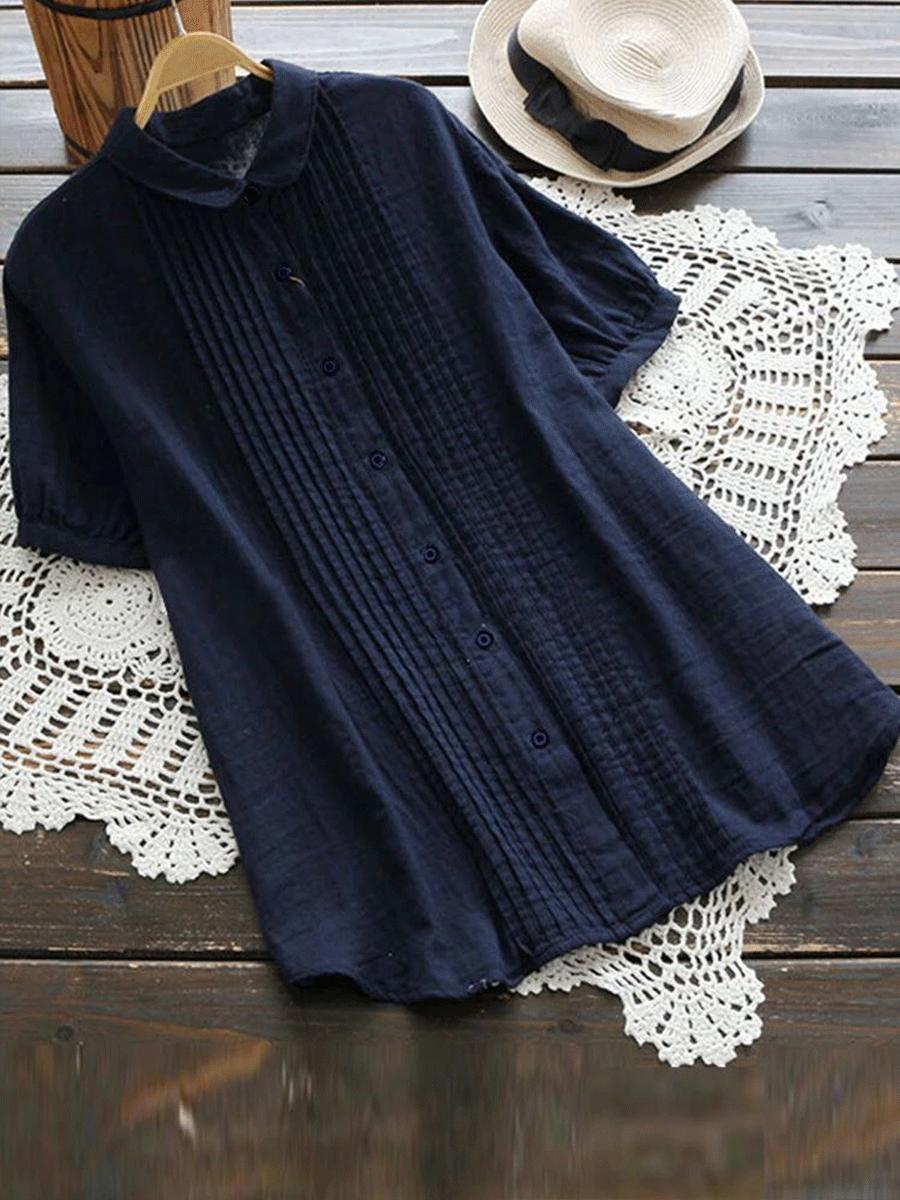 Cotton And Linen Solid Color Pleated Short Sleeve Shirt Blouse