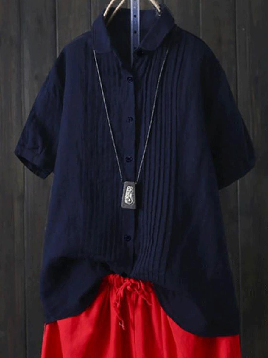Cotton And Linen Solid Color Pleated Short Sleeve Shirt Blouse
