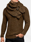 mens solid color round neck casual basic cable knit sweater with scarf