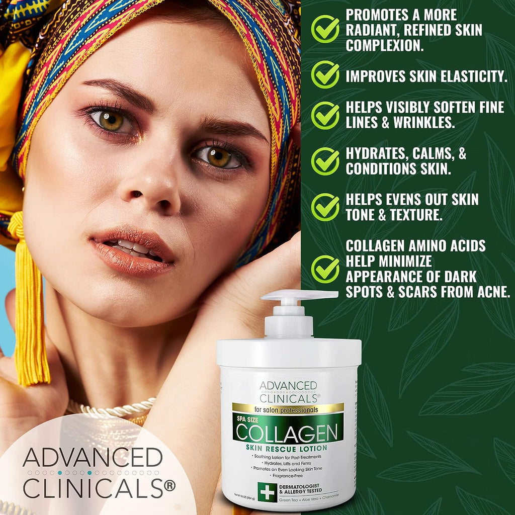 Advanced Clinicals Collagen Lotion Dry Skin Rescue Face &amp; Body Moisturizing Skin Care Cream For Lifting, Firming, &amp; Tightening Skin. Anti Aging Skincare Moisturizer Helps Hydrate Skin, Large 16 Ounce