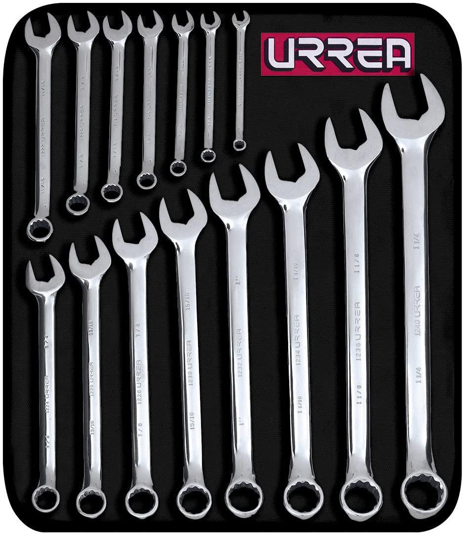 URREA 12-Point Combination Wrench Set - 15-Piece (5/16" - 1-1/4") Mechanics Tool Kit with Roll-up StoraPouch &amp; Fully Polished Nickel-Chrome Finish - 1200F