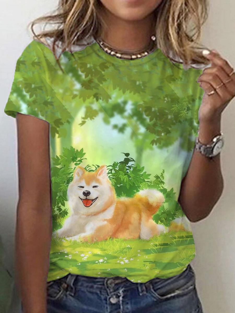 Women Art Cute Dog And Flower Print Short-Sleeved T-Shirt