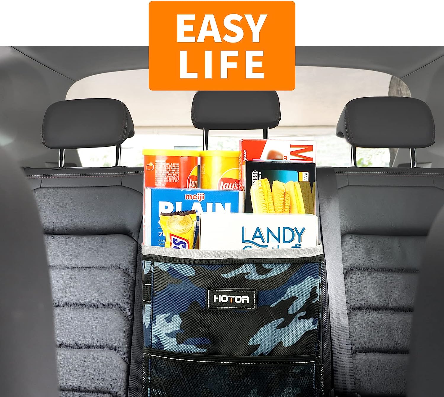 HOTOR Car Trash Can, Multifunctional Car Accessory for Interior Car Stuff Storage with Compact Design, Waterproof Car Organizer and Storage with Adjustable Straps, Magnetic Snaps (Camouflage Blue)