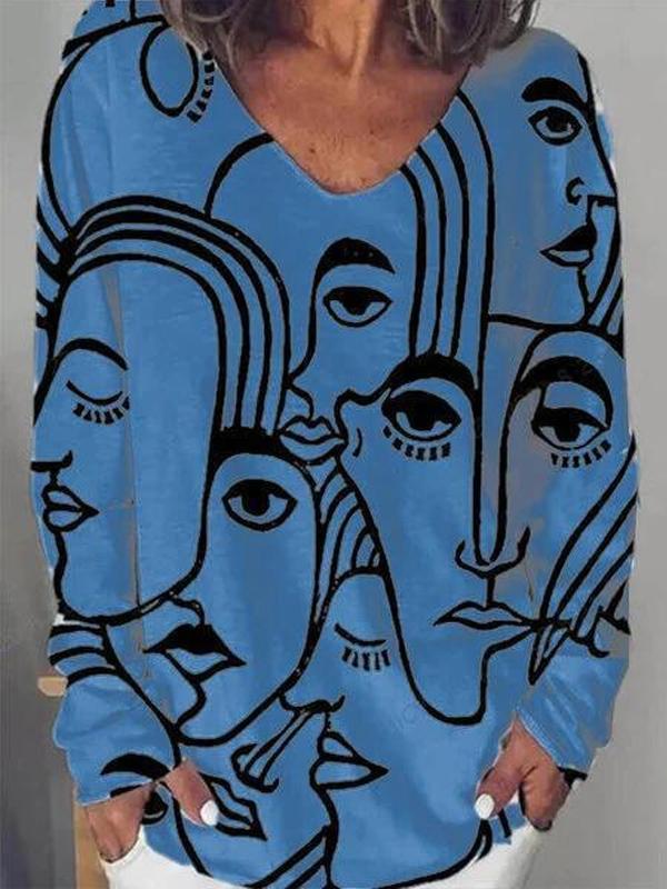 Long sleeve abstract loose print T-shirt