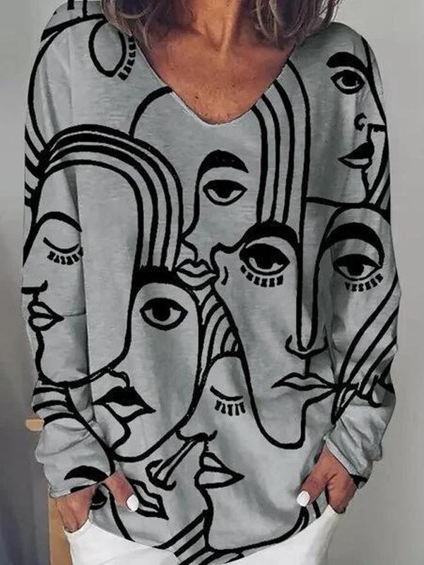 Long sleeve abstract loose print T-shirt