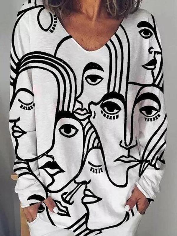 Long sleeve abstract loose print T-shirt