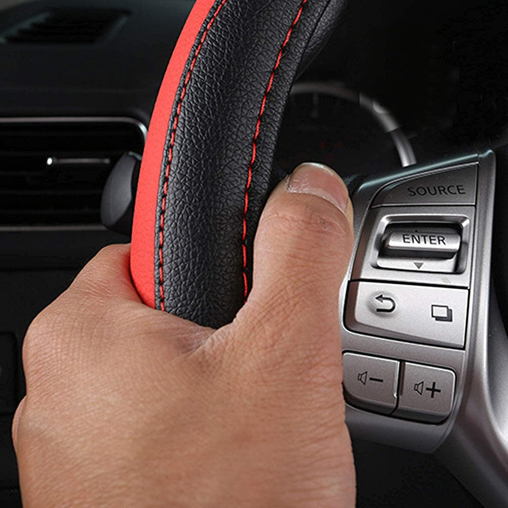 Leather Car Steering Wheel Cover, Non-Slip Car Wheel Cover Protector Breathable Microfiber Leather Universal Fit for Most Cars (Black &amp; Red)