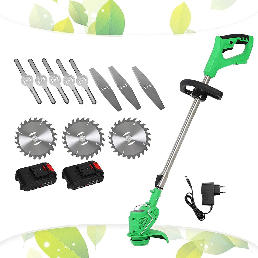 Pruning Lawn Trimmer Electric Cordless Grass Strimmer Edger Mower Telescopic Adjustable Handheld Cutter Gardening Tools with Battery Spare Blades Outdoor Yard Garden Lawn Green