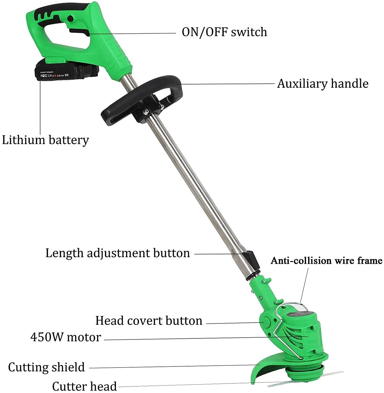 Pruning Lawn Trimmer Electric Cordless Grass Strimmer Edger Mower Telescopic Adjustable Handheld Cutter Gardening Tools with Battery Spare Blades Outdoor Yard Garden Lawn Green