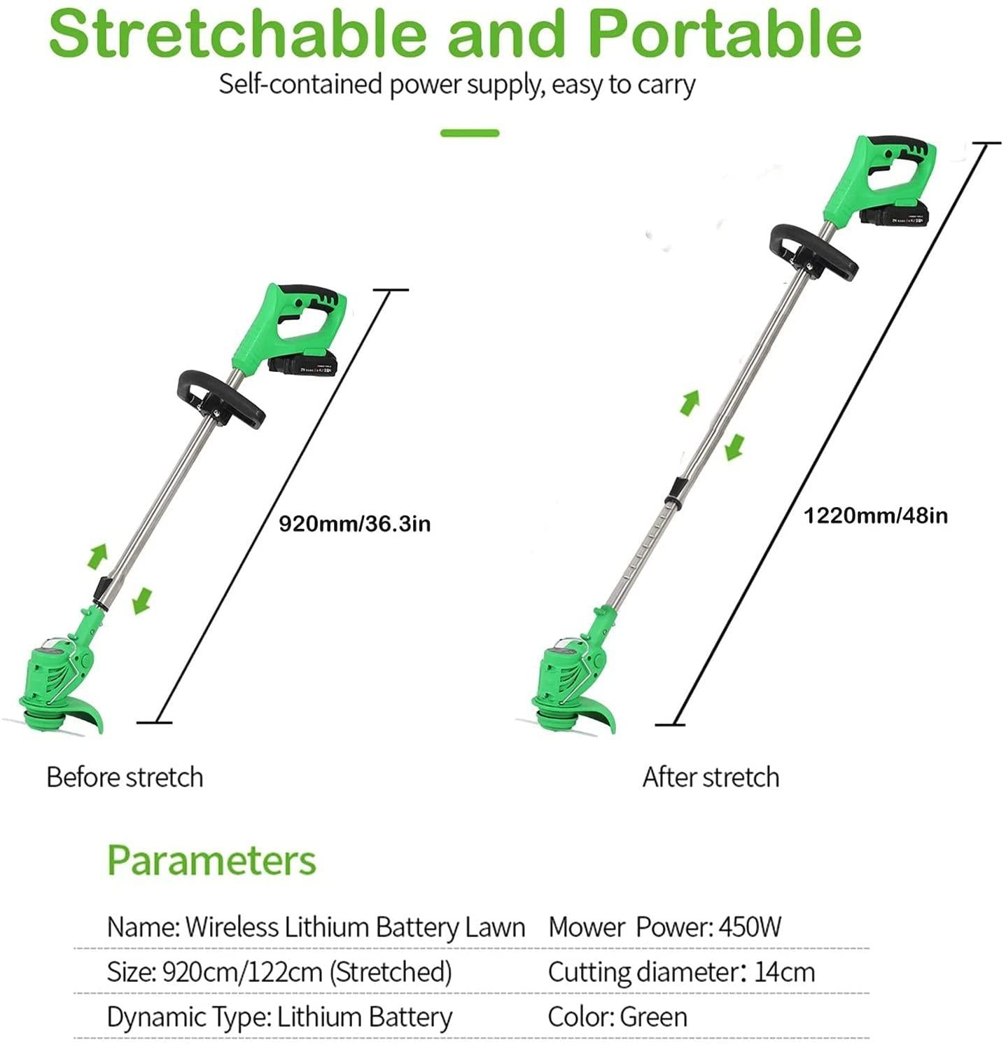 Pruning Lawn Trimmer Electric Cordless Grass Strimmer Edger Mower Telescopic Adjustable Handheld Cutter Gardening Tools with Battery Spare Blades Outdoor Yard Garden Lawn Green
