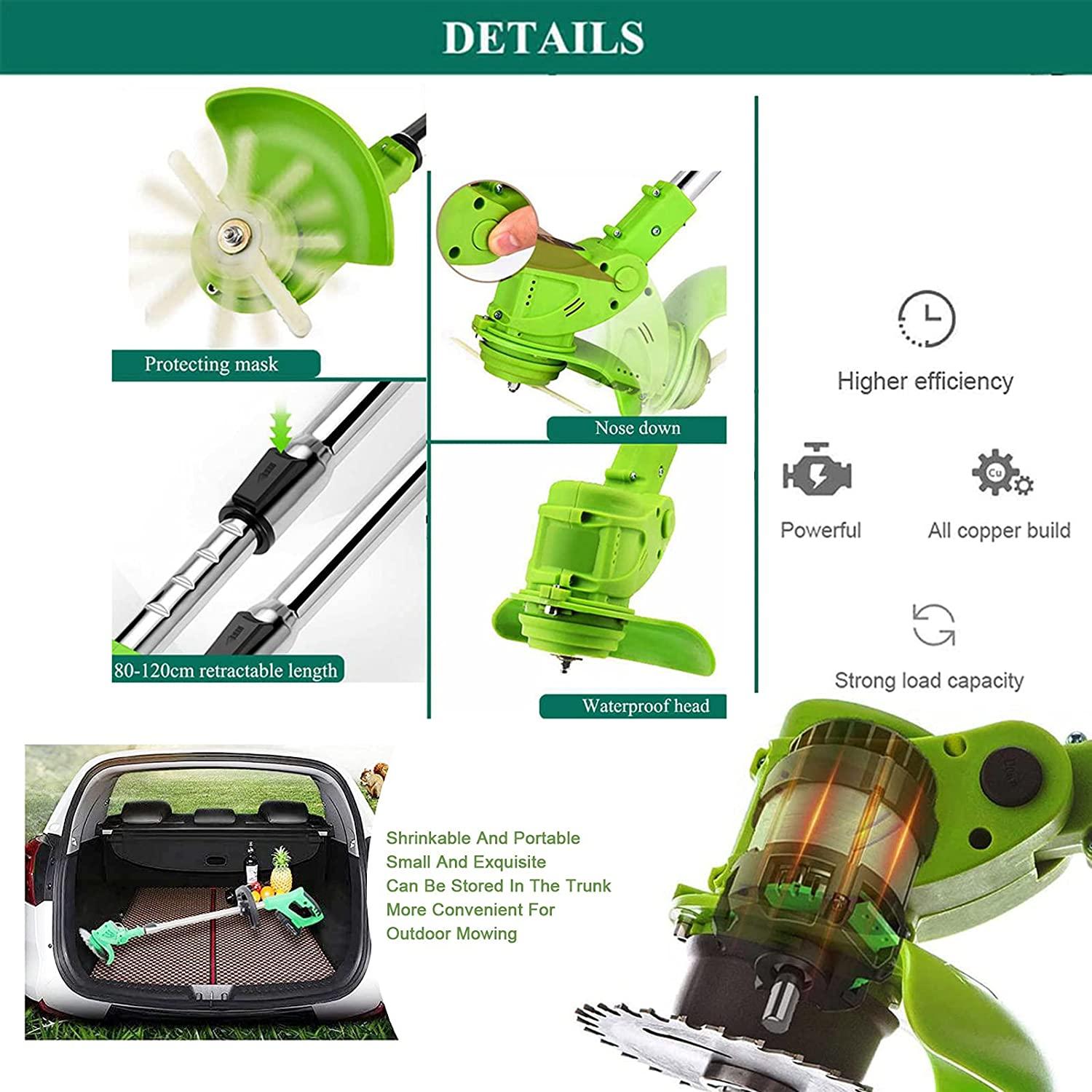 Pruning Lawn Trimmer Electric Cordless Grass Strimmer Edger Mower Telescopic Adjustable Handheld Cutter Gardening Tools with Battery Spare Blades Outdoor Yard Garden Lawn Green