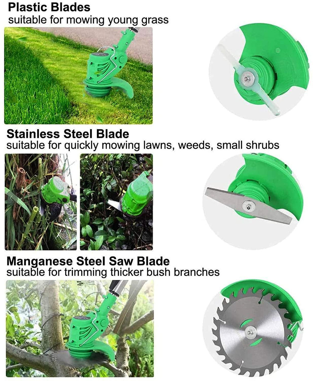 Pruning Lawn Trimmer Electric Cordless Grass Strimmer Edger Mower Telescopic Adjustable Handheld Cutter Gardening Tools with Battery Spare Blades Outdoor Yard Garden Lawn Green