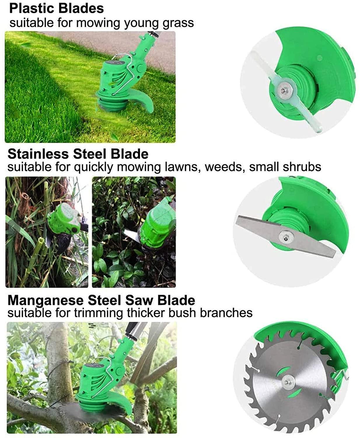 Pruning Lawn Trimmer Electric Cordless Grass Strimmer Edger Mower Telescopic Adjustable Handheld Cutter Gardening Tools with Battery Spare Blades Outdoor Yard Garden Lawn Green