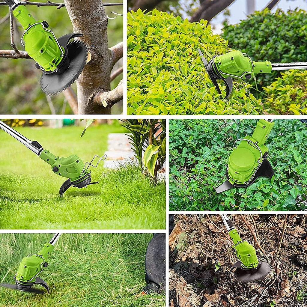 Pruning Lawn Trimmer Electric Cordless Grass Strimmer Edger Mower Telescopic Adjustable Handheld Cutter Gardening Tools with Battery Spare Blades Outdoor Yard Garden Lawn Green