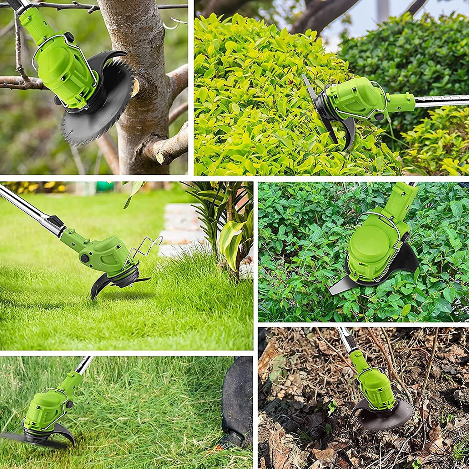 Pruning Lawn Trimmer Electric Cordless Grass Strimmer Edger Mower Telescopic Adjustable Handheld Cutter Gardening Tools with Battery Spare Blades Outdoor Yard Garden Lawn Green