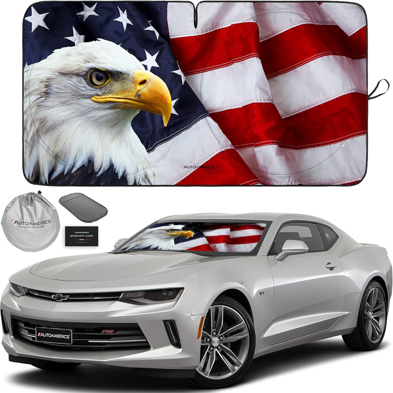 Autoamerics 1-Piece Windshield Sun Shade American Eagle Flag - 3 USA Patriotic  - Foldable Car Front Window Sunshade for Sedans SUV Truck - Blocks Max UV Rays and Keeps Your Vehicle Cool Small