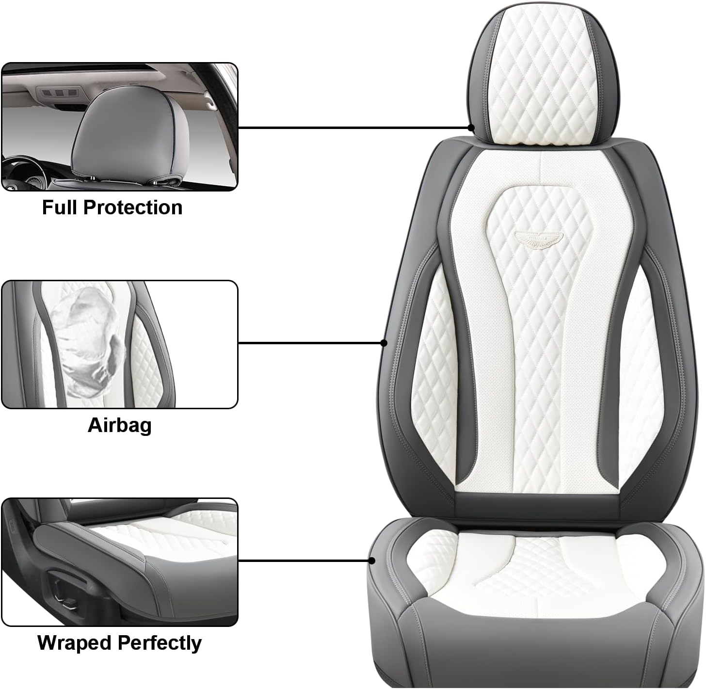Coverado Leather Seat Covers Front, 2-Pack Universal Seat Covers for Cars, Waterproof Luxury Leatherette Car Seat Cushions, Car Seats Protectors, Driver Seat Covers Fit for Most Vehicles GaryWhite