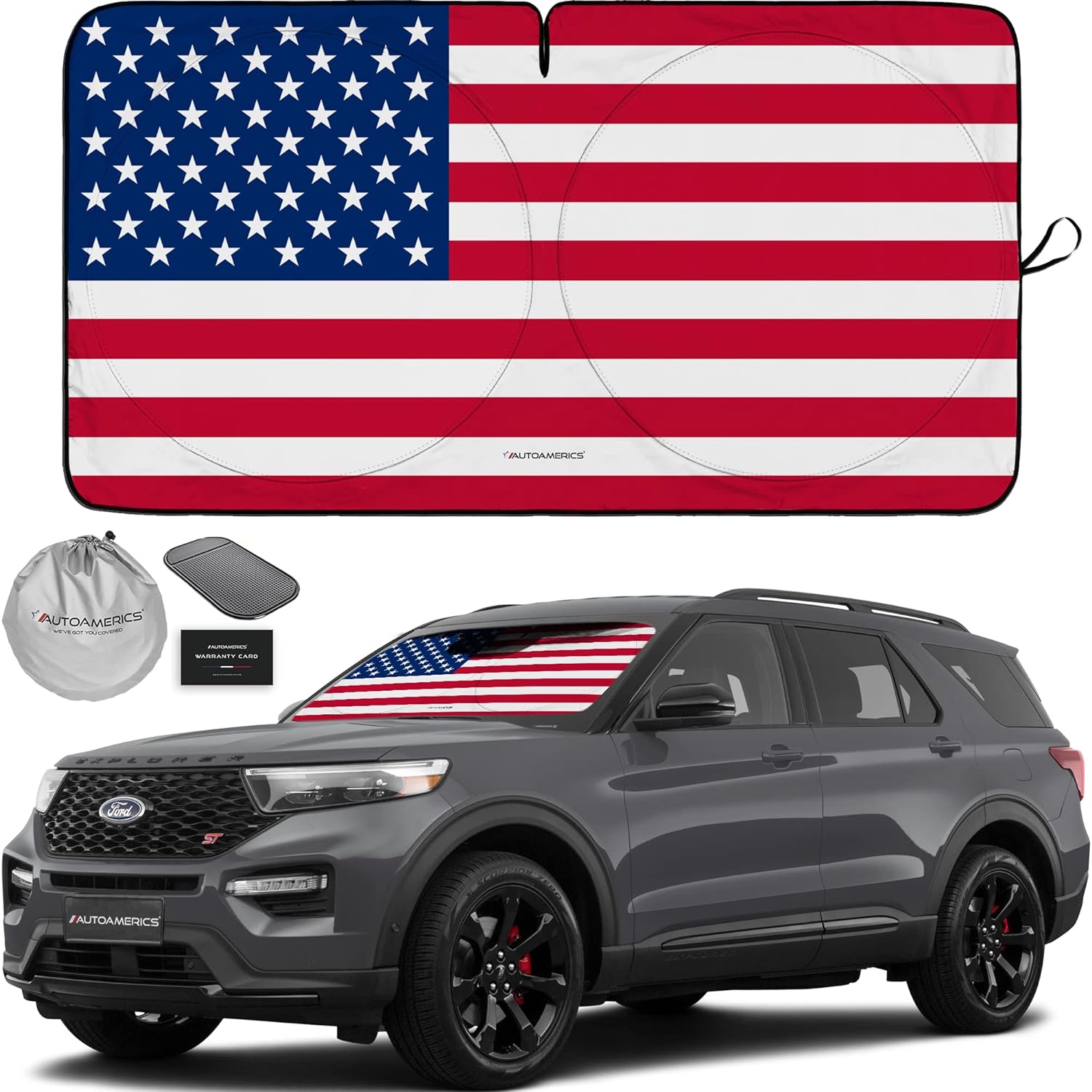 Autoamerics 1-Piece Windshield Sun Shade Original American Flag USA Patriotic  - Foldable Car Front Window Sunshade for Sedans SUV Truck - Blocks Max UV Rays and Keeps Your Vehicle Cool - Medium