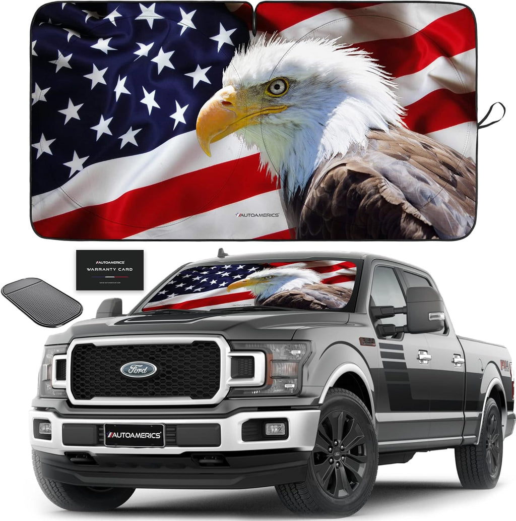 Autoamerics 1-Piece Windshield Sun Shade American Eagle Flag - 2 USA Patriotic  - Foldable Car Front Window Sunshade for Sedans SUV Truck - Blocks Max UV Rays and Keeps Your Vehicle Cool X-Large