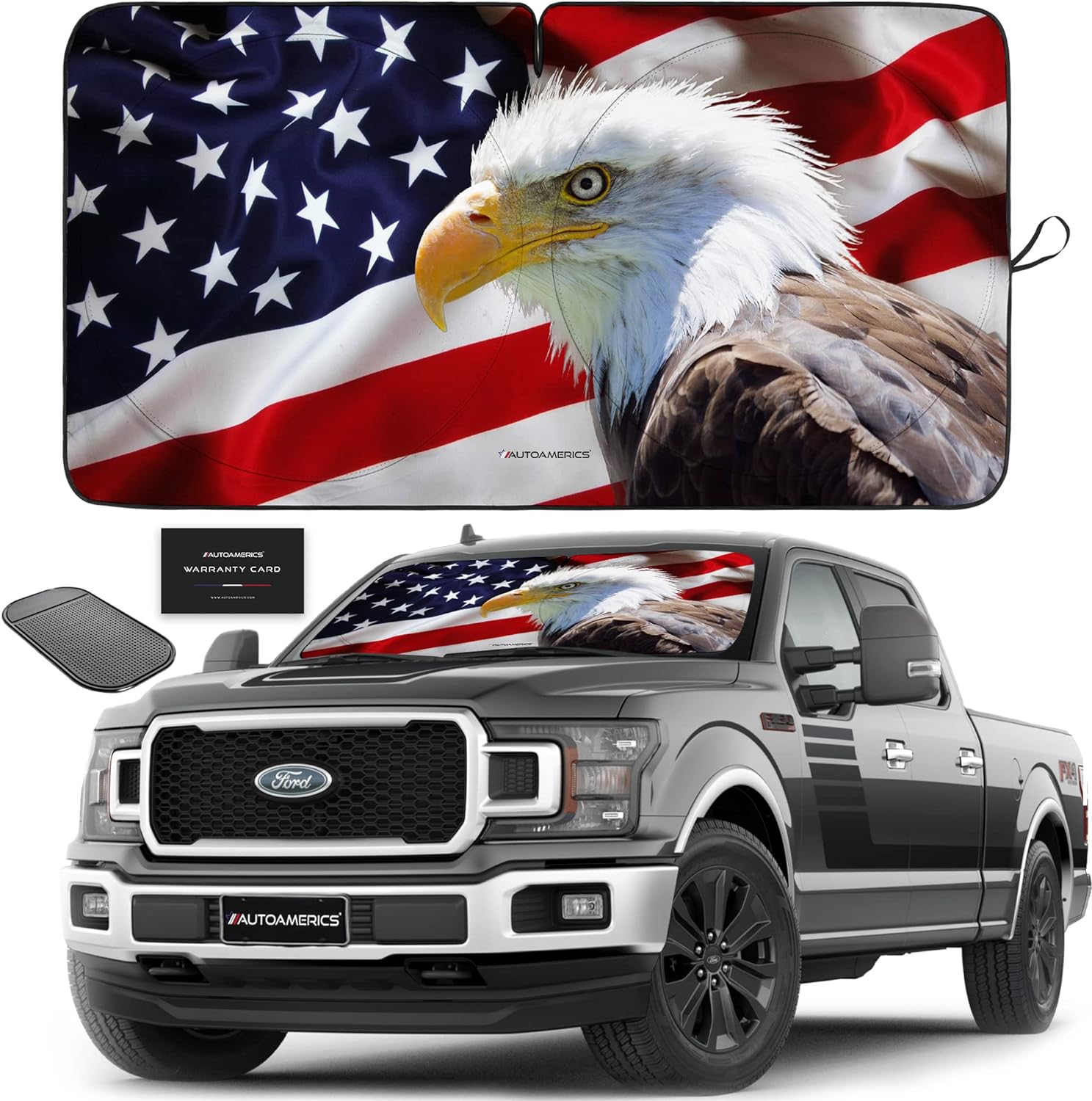 Autoamerics 1-Piece Windshield Sun Shade American Eagle Flag - 2 USA Patriotic  - Foldable Car Front Window Sunshade for Sedans SUV Truck - Blocks Max UV Rays and Keeps Your Vehicle Cool X-Large