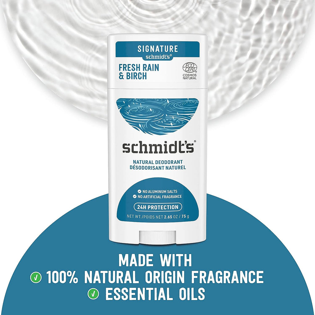 Schmidt's 100% Natural Origin Ingredient Deodorant Stick Fresh Rain &amp; Birch 2 Count for 24-Hour Odor Protection 2.65 oz