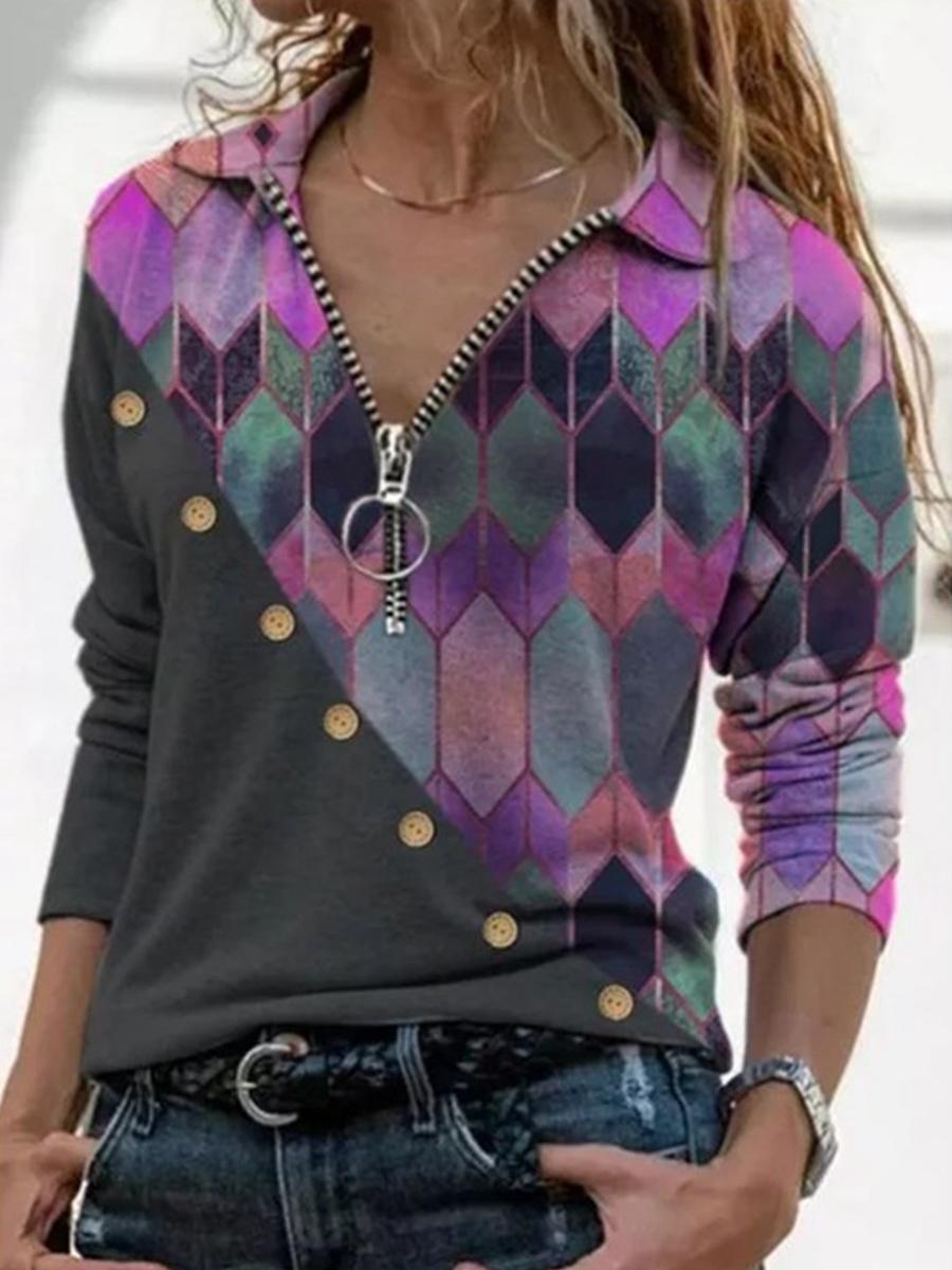 Turn Down Collar Zip-up Print Patchwork Long Sleeve Blouses