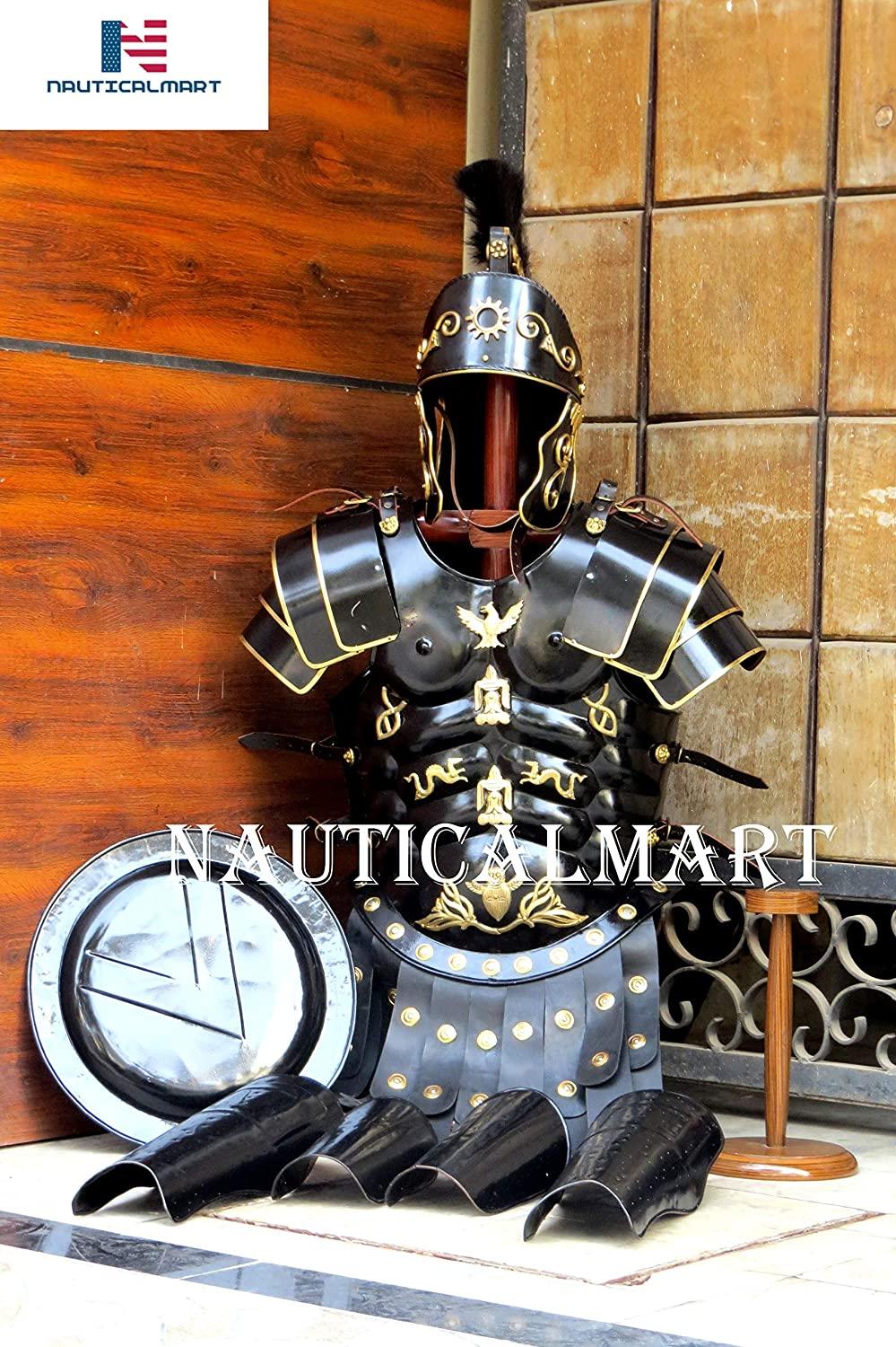NauticalMart Roman Black Muscle Armor Cuirass Set w/Helmet, Shield, Leg & Arm Guard Medieval Halloween Costume