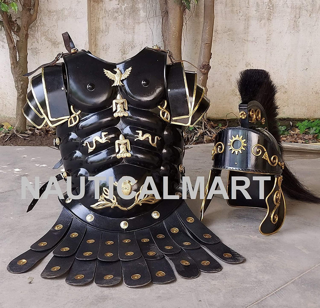 NauticalMart Roman Black Muscle Armor Cuirass Set w/Helmet, Shield, Leg & Arm Guard Medieval Halloween Costume