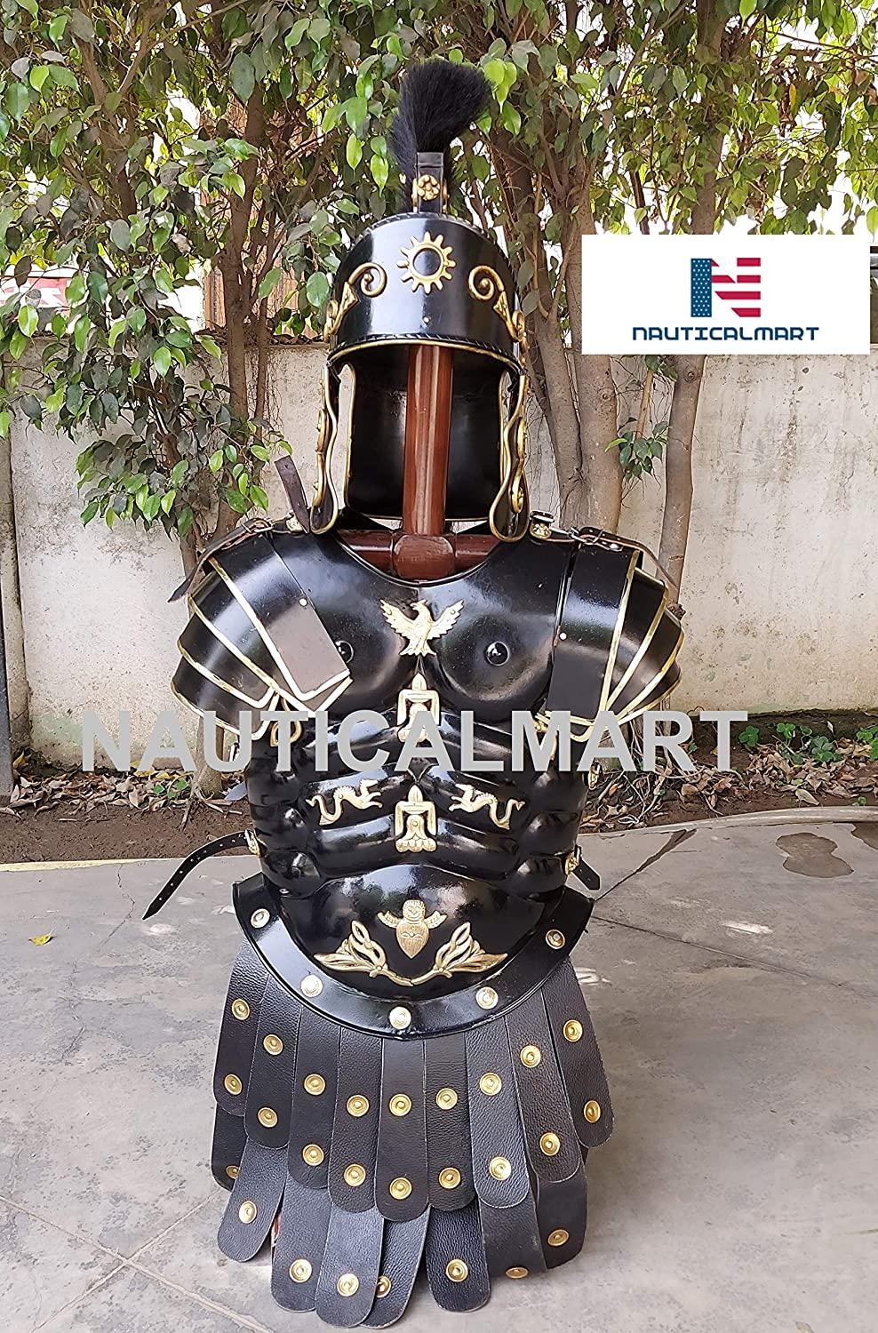 NauticalMart Roman Black Muscle Armor Cuirass Set w/Helmet, Shield, Leg & Arm Guard Medieval Halloween Costume