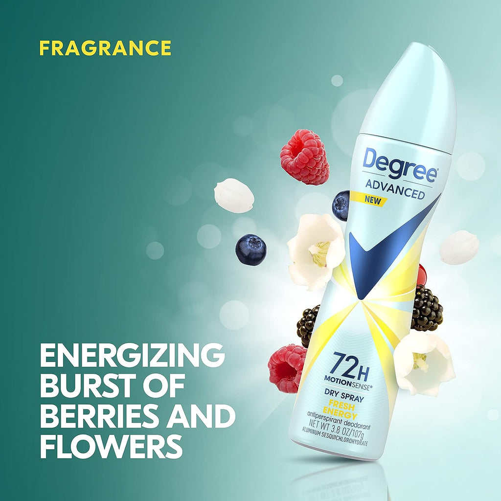 Degree Advanced Antiperspirant Deodorant Dry Spray 72-Hour Sweat and Odor Protection Fresh Energy Deodorant Spray For Women With MotionSense Technology 3.8 oz, Pack of 4 , Blue