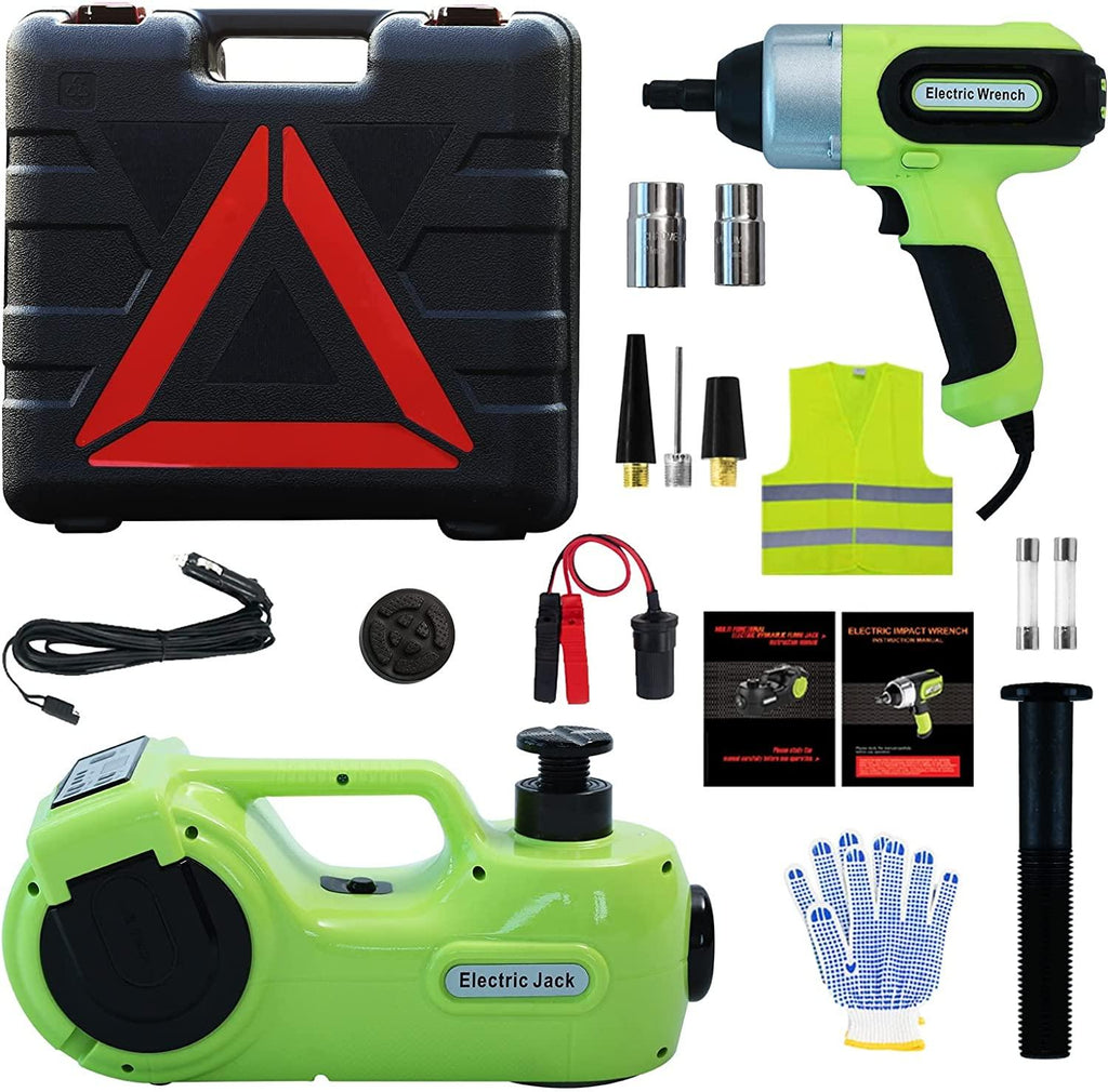 Simtamy Electric Car Jack Kit 5 Ton(11,000lb) 12V Hydraulic Jack with Electric Impact Wrench, Tire Inflator and LED Light, Portable Emergency Car Lift Tire ChanTools