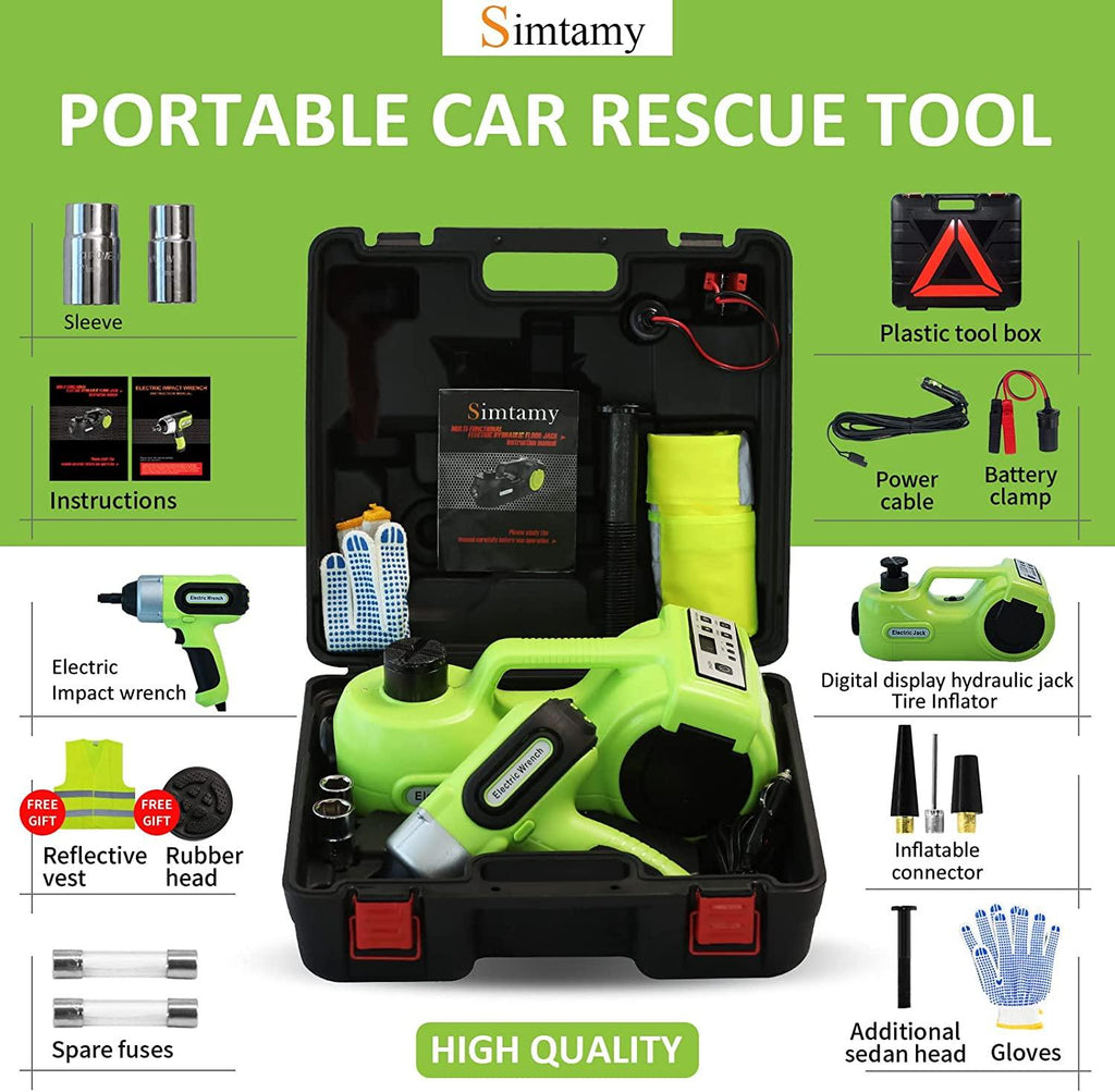 Simtamy Electric Car Jack Kit 5 Ton(11,000lb) 12V Hydraulic Jack with Electric Impact Wrench, Tire Inflator and LED Light, Portable Emergency Car Lift Tire ChanTools