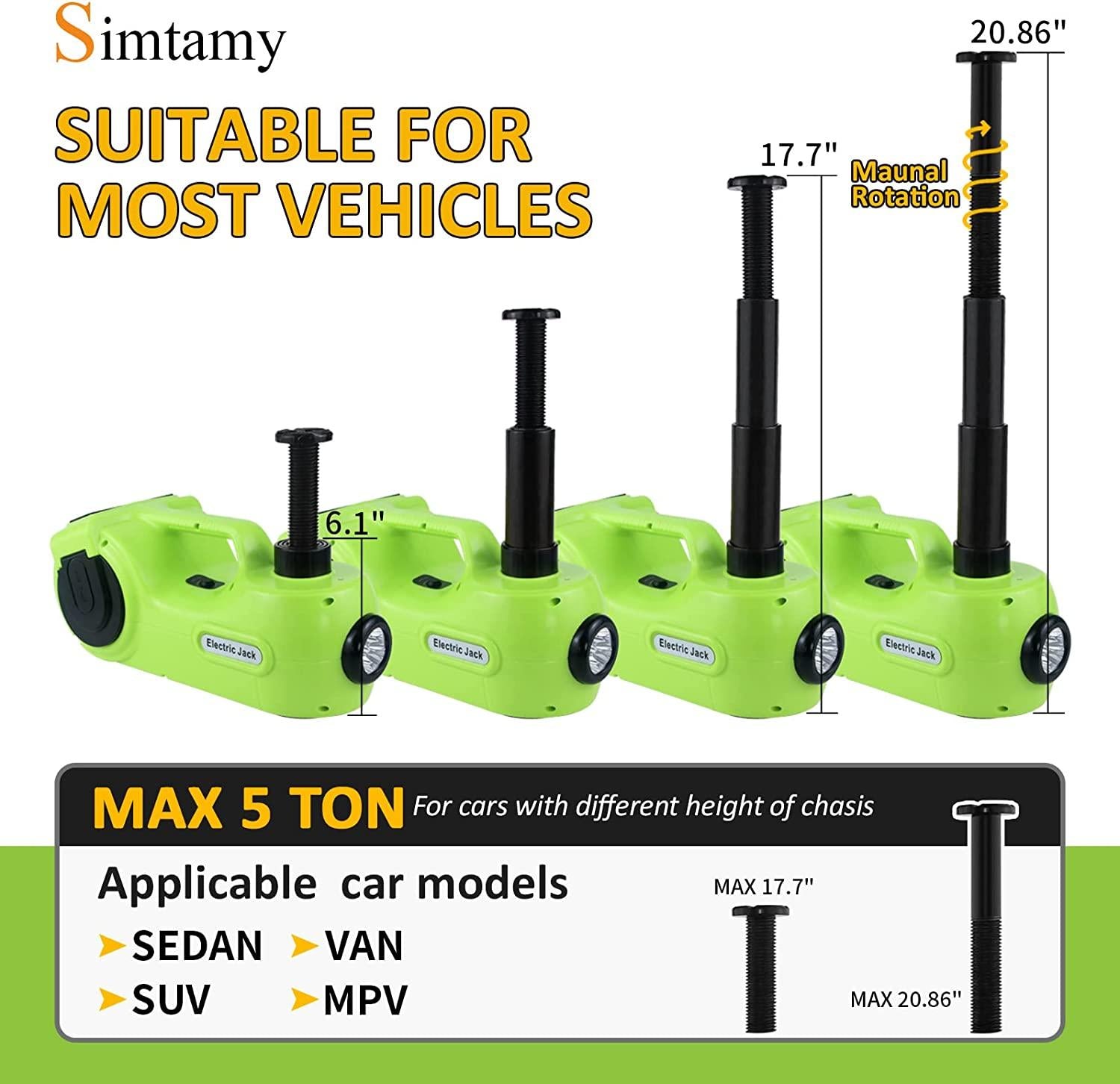 Simtamy Electric Car Jack Kit 5 Ton(11,000lb) 12V Hydraulic Jack with Electric Impact Wrench, Tire Inflator and LED Light, Portable Emergency Car Lift Tire ChanTools