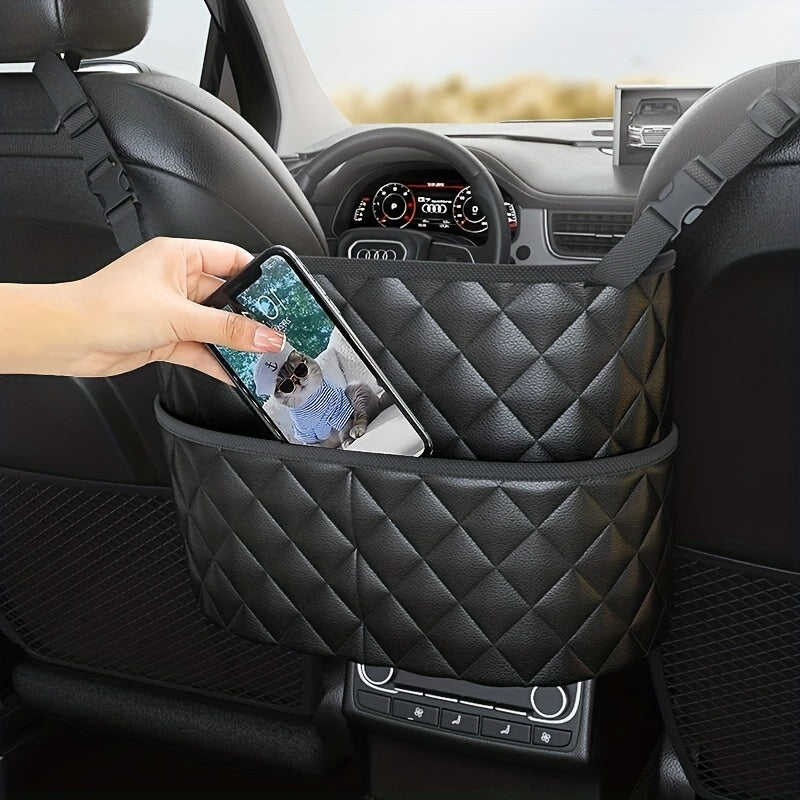 Car Purse Handbag Holder Between Seats, Leather Car Seat Back Organizer With 3 Pockets, LarCapacity StoraBag