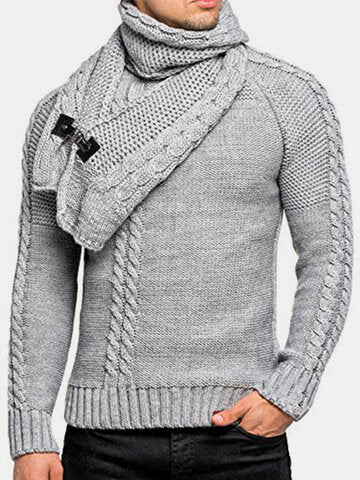 mens solid color round neck casual basic cable knit sweater with scarf