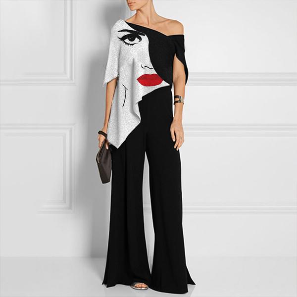 Fashion black and white color matching art print jumpsuit