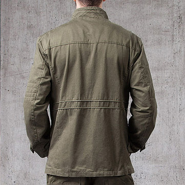 stand collar pockets cotton waist drawstring military solid color jacket for men