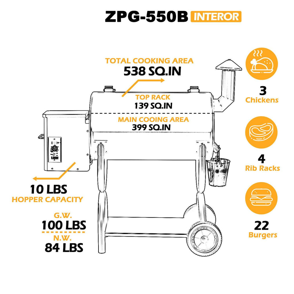 ZPG-550B Pellet Grill BBQ Smoker with Digital Control 520 sq.in