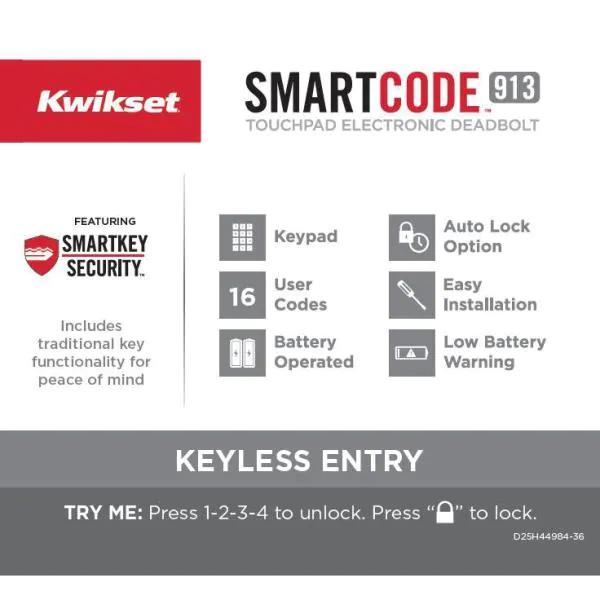 SmartCode 913 Satin Nickel Single Cylinder Electronic Deadbolt Featuring SmartKey Security