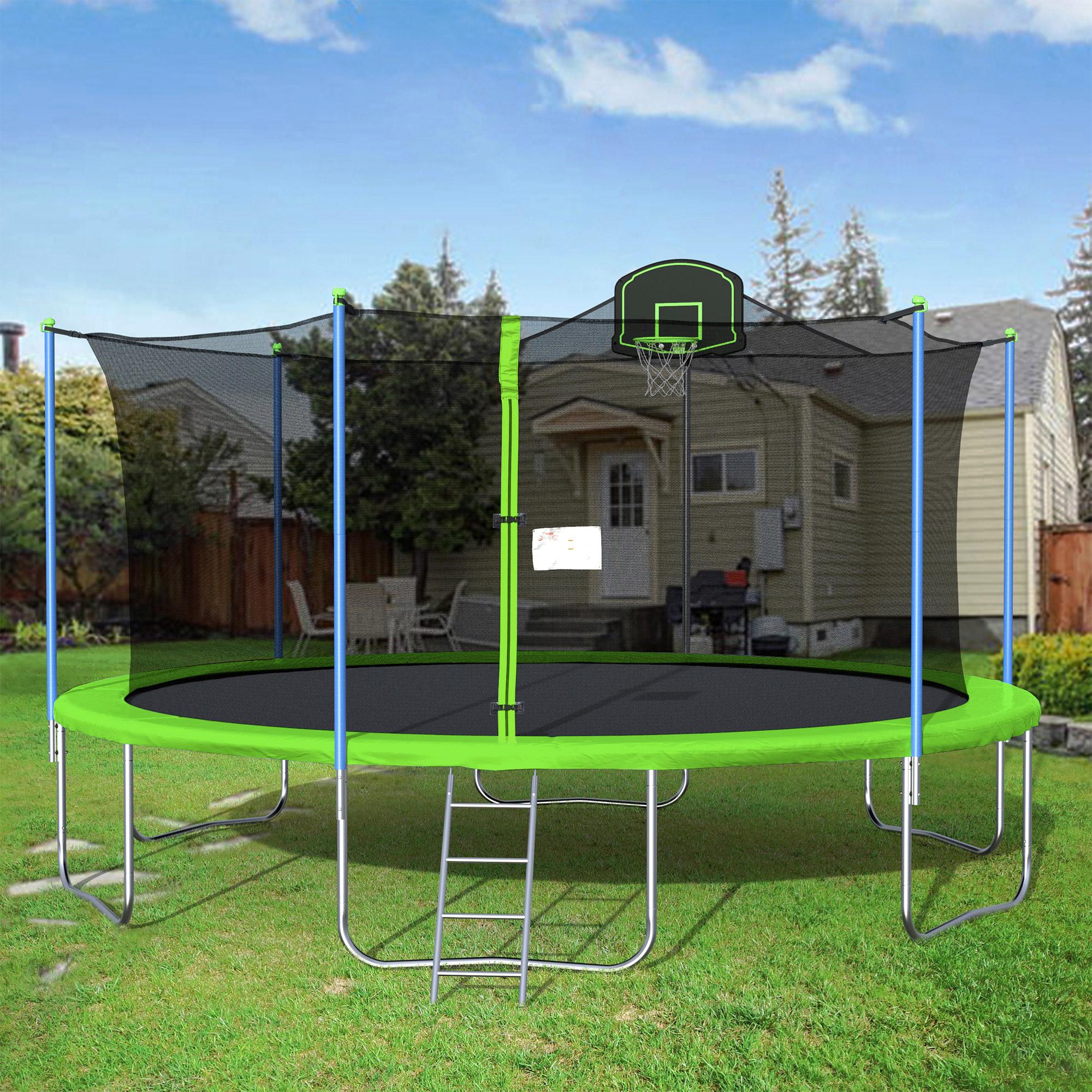 Outdoor Trampoline for Kids, 2021 Upgraded 16FT Trampoline with Backboard Enclosure Net, Safety Spring Cover Padding, Basketball Hoop &amp; Ladder, Outdoor Activity for Kids and Parents, Green, S1770
