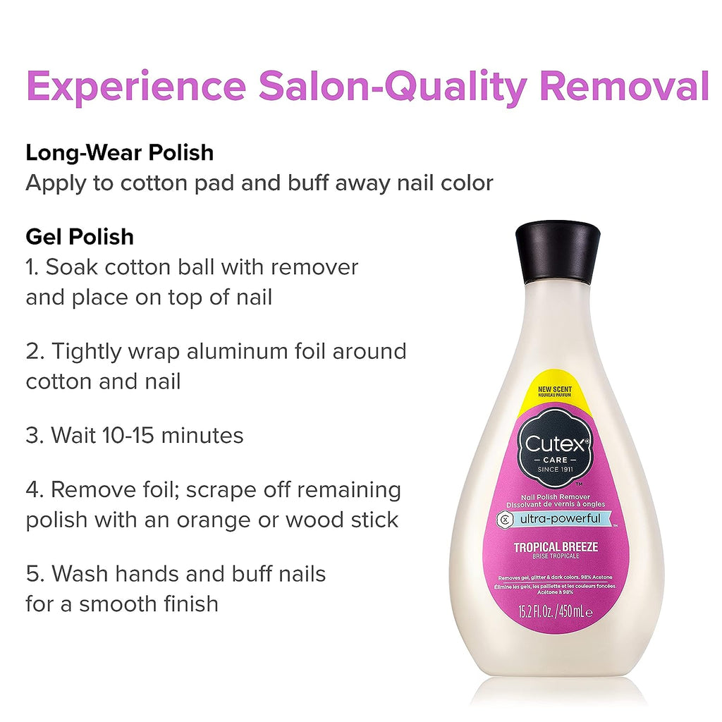 Cutex Gel Nail Polish Remover, Ultra-Powerful &amp; Removes Glitter and Dark Colored Paints, Tropical Breeze Scent, 15.2 Fl Oz